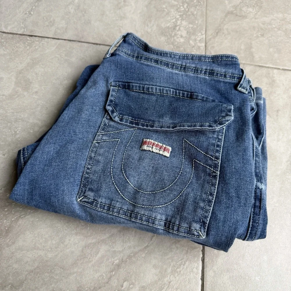 True Religion Cargo Carpenter Denim Jeans Size 31 Blue Zip 5-Pocket Women Y2K
